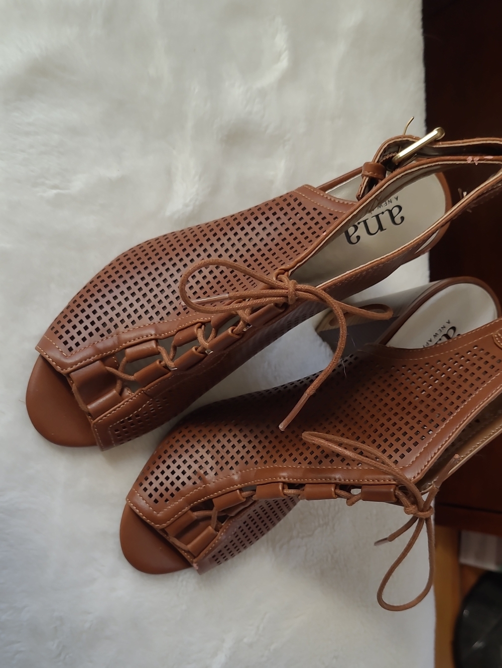a.n.a Brown Perforated Peep-Toe Lace-Up Slingback Heels